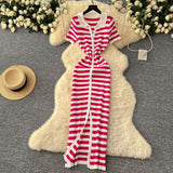 Chic Vintage Collar Single Buckle Began Striped Knitted Dress Female Thin