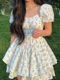 Floral Print Corset Slim Mini Dress with Puff