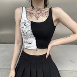 Toloer Personality Splicing Contrast Color Print Outside The Top Female Ins Inside The Lace Female Student Sling Shirt Tide-Outfit