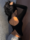 Backless Slit Black Long Sleeve Top-Outfit