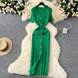 Little Scent Retro V-Neck Metal Single-D Row Buckle Slimming Temperament Knitted Dress