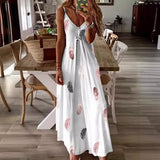 Toloer And Summer New Sleeveless Slim Feather Print Low Breast V Collar Sling Large Hem Skirt Women's Dress-Outfit