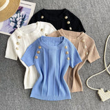 Girls Knit Round Collar T-Shirt Girls Summer Thin Short Thin Design Feeling Fried Street Pure Desire