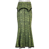 Green Lace Printed Trumpet Long Skirt-Outfit
