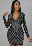 Winter Sexy Beaded U-neck Long Sleeve Bodycon Club