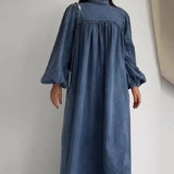 Round-Neck Solid-Colored Casual Long-Sleeved Denim Dress In Fall