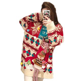 Women's Knitted Diamond Snowflake Christmas Snowman Big Pocket O-Neck Warm Thick Sweater Loose Outer Wear