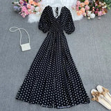 dot holiday casual wide leg jumpsuits V Neck Puff Sleeve Waist Elastic Rompers loose beach long