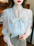 Han Queen Autumn Puff Sleeve Office Blusas Lace-Up Bow Vintage Embroidery Tops Chiffon Blouses Women Long Sleeve Casual Shirts-Outfit
