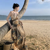 Toloer Retro Halter Dress Female V Collar Small Back Hollow Show Thin Holiday Fairy Skirt