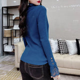 Solid Color Knitted Pullovers Casual Turtleneck Button Women's Clothing Slim Autumn Winter Fashion Lace Spliced T-shirt-Outfit