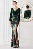 Winter Elegant Velvet With Sequins Deep V Neck Long Sleeve Slit Cocktail Eevening