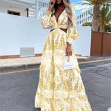 Autumn Dress Long Leaf Print V-Neck Hollow Out Long Sleeve Casual Womens Frock Traf Vestidos Para Mujer Robe Sexy