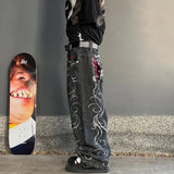 Trend Of Spring And Autumn Street Dark Gotham Haircut Printed Jeans Loose Personality Wide-Legged Trousers-Outfit