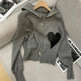 Love Applique Casual Zip Up Knitted Cardigan Women Spring Fashion Hooded Cropped Sweater Korean Long Sleeve Knitwear