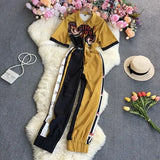 New Spring Autumn Fashion turn down collar short sleeve zipper Jumpsuit hit color print high waist casual wide leg