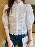 Han Queen Summer Blusas Basic Office Lady Blusas Vintage Lace Tops Elegant Chiffon Blouse Women Loose Hollow Out Casual Shirts-Outfit