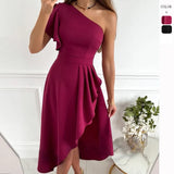Women's Clothing 2026 New Solid Color Slant Shoulder Repair Long Irregular Hem