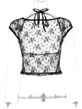 Vintage Y2K Sexy Women Lace Floral T-shirts Summer Party Clubwear Short Sleeve Backless Mesh See Through Tees Shirts-Outfit