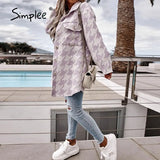 Simplee Casual houndstooth women long coats autumn Office long sleeve ladies top coat jackets Za fashion shirt collar