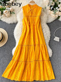 Dress Women Summer Sleeveless Mid-calf Dress Solid Lace-up V-neck Loose Waist Embroidery Hollow Beach Holiday
