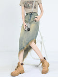 Toloer High Waist A-Line Denim Skirt Skirt Female Spring And Autumn Irregular Design Sense Long Skirt Small Tassel