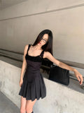Black Pleated Strap Mini Dress-Outfit