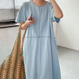 Toloer Chic Summer Retro Temperament Round Collar Bright Line Design Sense Loose Casual Short-Sleeved Denim Dress Female-Outfit