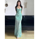 Mint Green Print Mesh Seaside Holiday Dress Cold Hot Girl Inside The Slings Fishtail