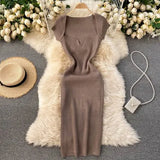Spring Summer Dress Knitted Solid Sqaure Neck Sexy Bodycon Dresses for Women Stretch Vestidos Short Sleeve