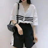 Striped Patchwork Midi Blouse Three Quarter Spring Summer Women's Clothing V-Neck Casual Single-breasted Loose