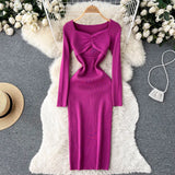 Hollow Out Sexy Knitted Dress Elegant Long Sleeve Slim Square Collar Fashion Ladies Party Bodycon Sweater Midi