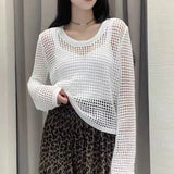 New Summer Style Thin Hollowed-Out Sweater Women's Round Collar, Long Sleeves, Loose Jackets, Fashion Blouses-Outfit
