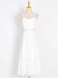 White Cut Out Dress For Women Square Collar Sleeveless High Waist Solid Minimalist Midi Dresses Female Summer