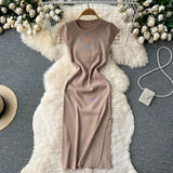 Women Korean Style Knitted Dress 2022 Summer O Neck Solid Short Sleeves Slim Ladies Sexy A Line Long