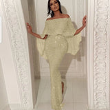 Toloer New Back Big Flounce Wrapped Chest One-Word Shoulder Dress Blingbling Wrap Buttock Slit Evening Dress-Outfit