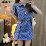 Sexy Plaid Skirt Suit Women 2 Piece Set Korean Style Short Sleeve Cropped Jacket And Design Pin A-Line Mini Skirt
