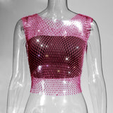 Toloer Nightclub Dresses Fishnet Hollow Out Rhinestone Vest Mesh Flash Diamond Sling Top