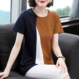 Summer Tshirts Women's Clothing New Round Neck Short Sleeve Temperament Patched Elegant Loose Casual Commuter Tops-Outfit