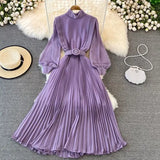 VAREY LIN New Spring Pleated Dress Women Elegant Stand Collar Solid Color Long Dress with Belt Lady Fashion Chiffon