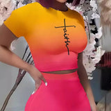 Toloer Women's Round Collar Short-Sleeved T-Shirt Wrapped Hip Skirt Print Leak Umbilical Slim Sexy