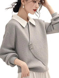 Toloer Gray Fake Two Knitted Sweater Women's Autumn And Winter Korean Atmosphere Relaxed Leisure Polo Collar