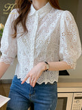 Han Queen Summer Blusas Basic Office Lady Blusas Vintage Lace Tops Elegant Chiffon Blouse Women Loose Hollow Out Casual Shirts-Outfit