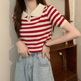 Careful Machine Striped Small Clip Red Short Sleeve Knitted Shirt Girl Summer New Design Sensational Small T-Shirt