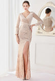 Winter Elegant Velvet With Sequins Deep V Neck Long Sleeve Slit Cocktail Eevening