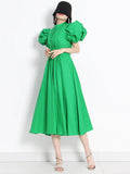 Loose Casual Dress For Women Round Neck Puff Sleeve High Waist Solid Minimalist Midi Dresses Female Summer