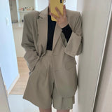 Office Lady Two Piece Outfits Long Sleeve Coat and High Waist Shorts Elegant 2 Piece Sets Korean Style Casual Pants