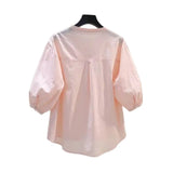 Lantern Sleeve Cotton Shirt Women Loose Design Casual Shirt 2025 Summer Art Light Blue