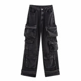 Women's Loose Jeans 2025 Spring French Retro Casual Multi-Pocket High-Waisted