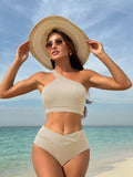 2024 New Solid-Color One-Shoulder Split Pit Strip High-Waist Swimsuit Bikini